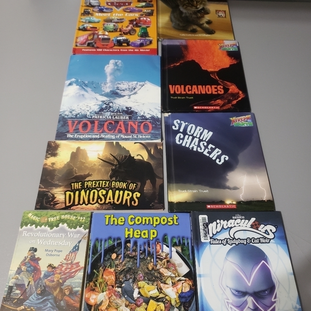 Kids book bundle of 9, volcanos, dinosaurs,